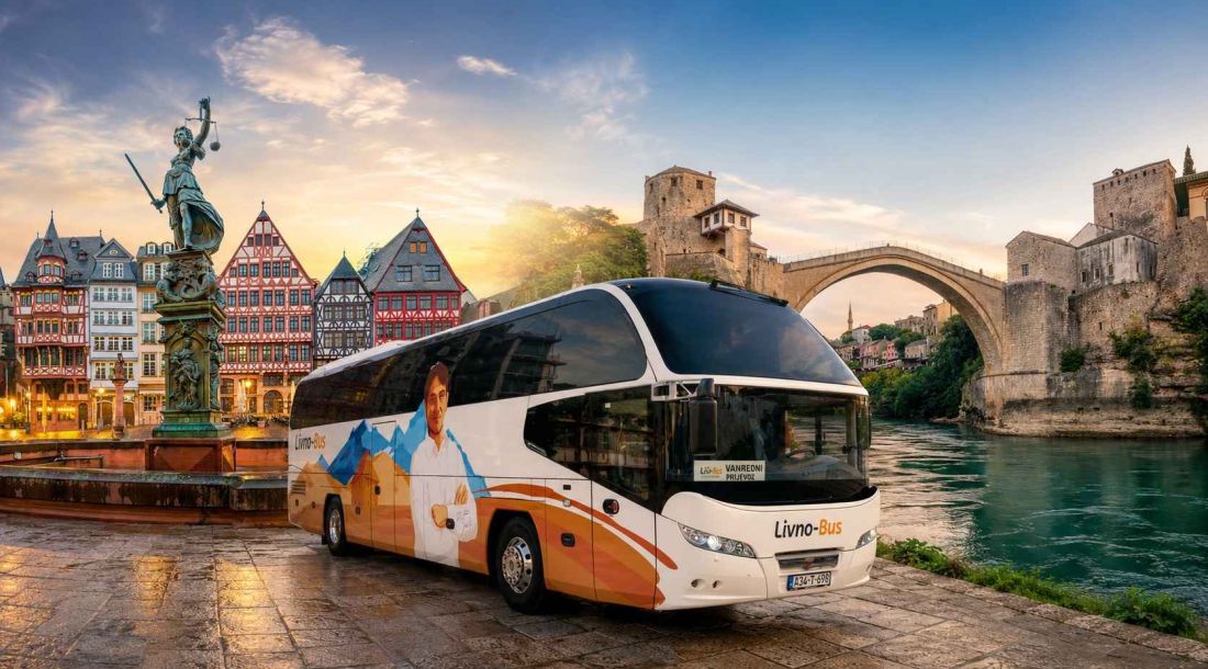 Livno Bus u sredini slike, sa Frankfurtom levo i Mostarom desno u pozadini.