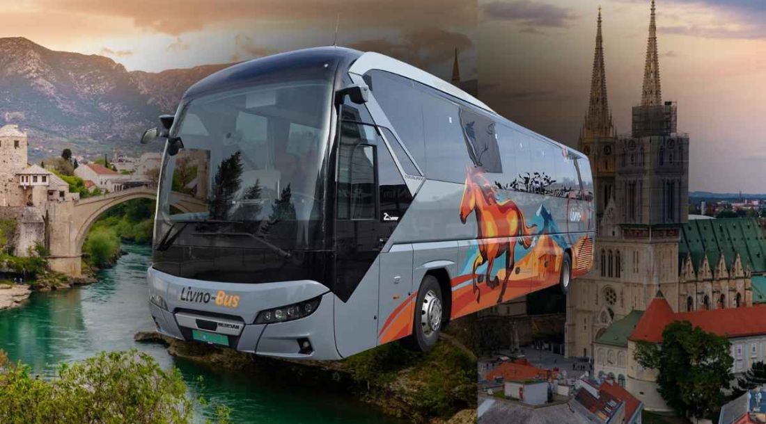 Autobus na relaciji Mostar Zagreb s prikazom Mostara i Zagreba u pozadini.