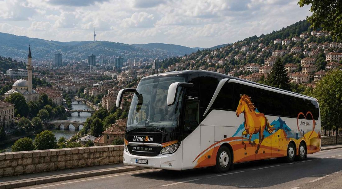 Livno-Bus autobus na cesti iznad Sarajeva s pogledom na grad.
