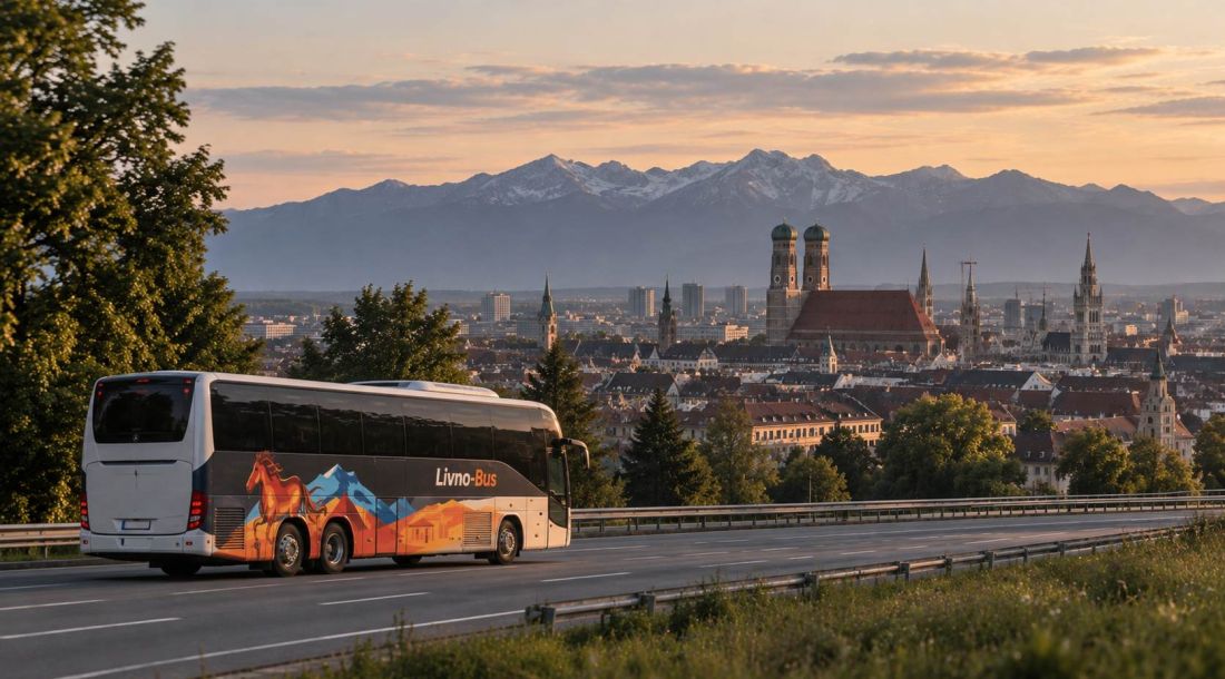 Autobus Livno-Bus na autocesti s pogledom na München, katedralu Frauenkirche i Alpe u pozadini.