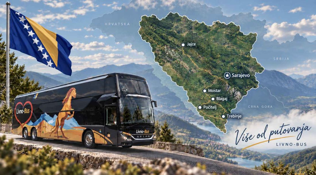 Livno Bus autobus uz kartu BiH s označenim gradovima za vikend izlet.