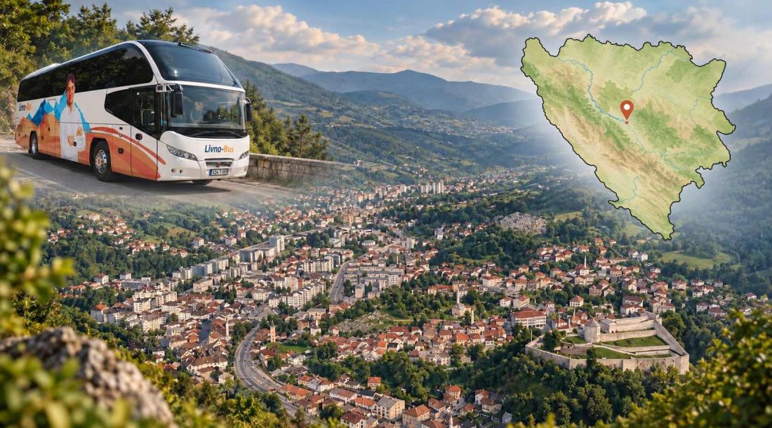 Livno-Bus autobus, karta BiH s označenim Travnikom i panoramski pogled na grad.