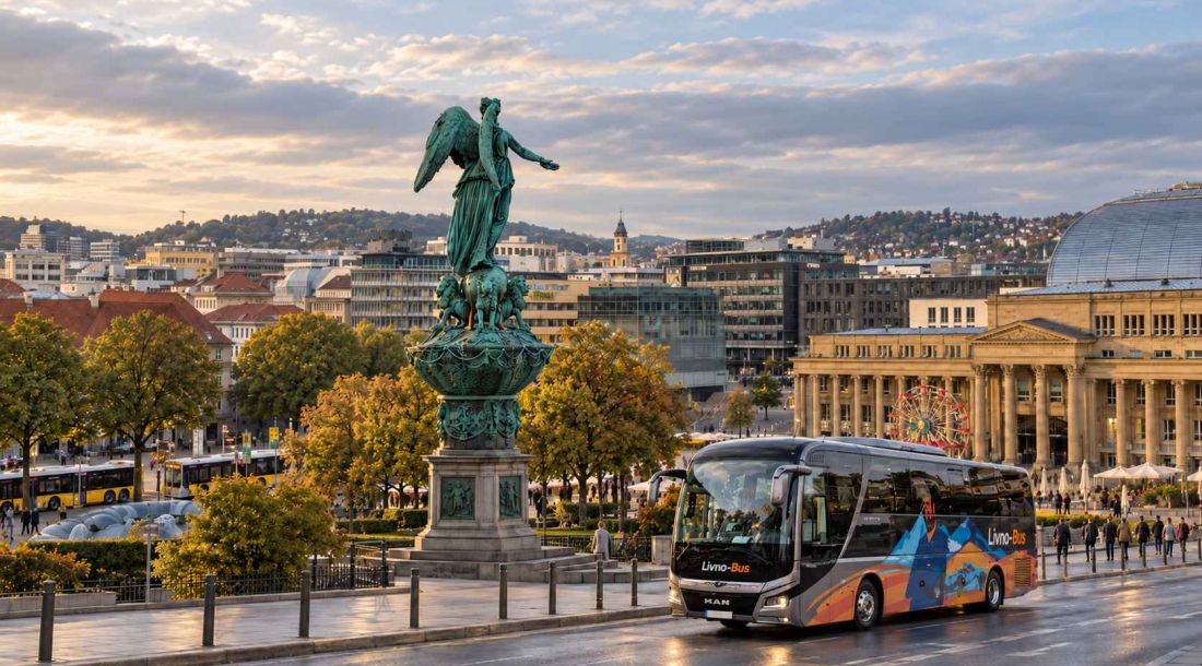 Autobus Livno Busa u centru Stuttgarta, uz povijesne građevine i spomenik na trgu Schlossplatz.