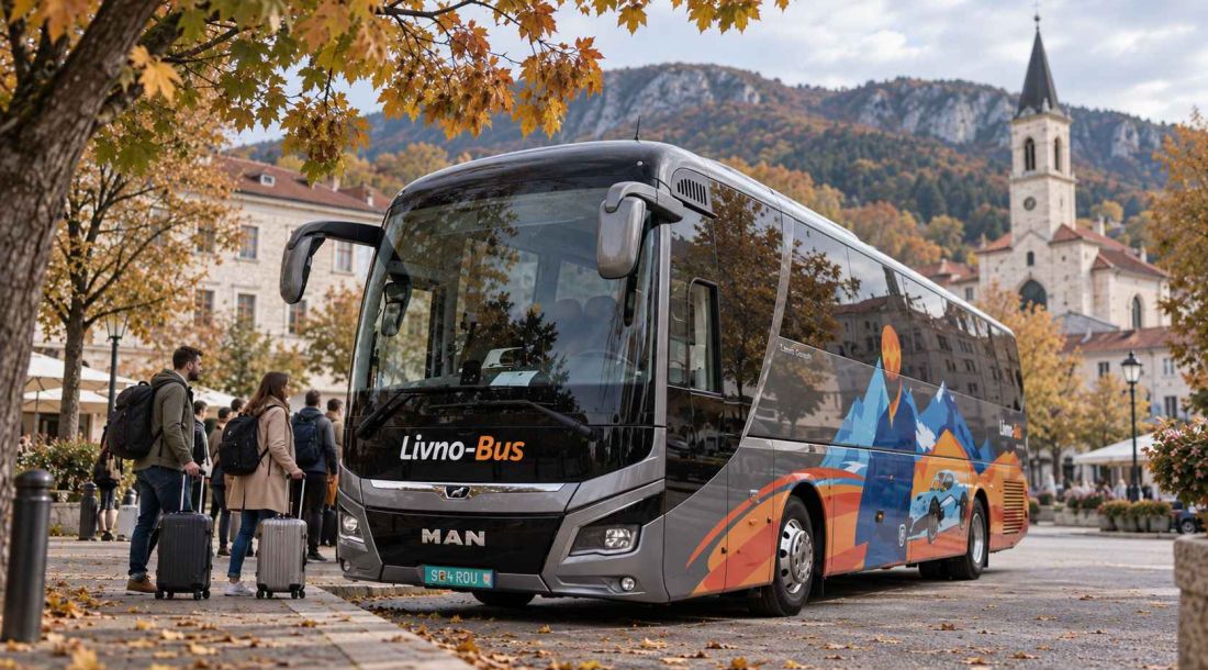 Livno-Bus s putnicima i koferima u jesenskom gradskom okruženju.