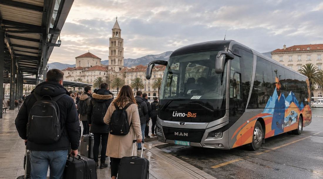 Putnici s prtljagom čekaju ukrcaj u autobus Livno-Busa na kolodvoru u Splitu.