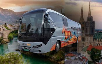 Autobus na relaciji Mostar Zagreb s prikazom Mostara i Zagreba u pozadini.