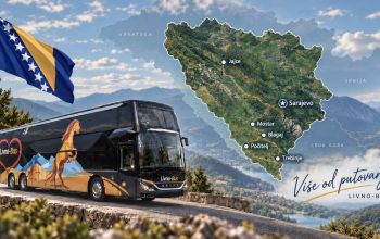 Livno Bus autobus uz kartu BiH s označenim gradovima za vikend izlet.