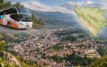 Livno-Bus autobus, karta BiH s označenim Travnikom i panoramski pogled na grad.