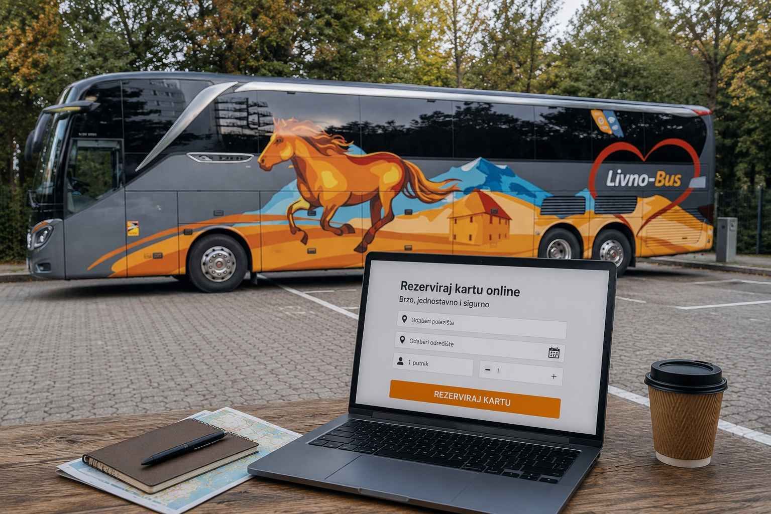 Laptop s obrascem za rezervaciju karte ispred Livno-Bus autobusa.