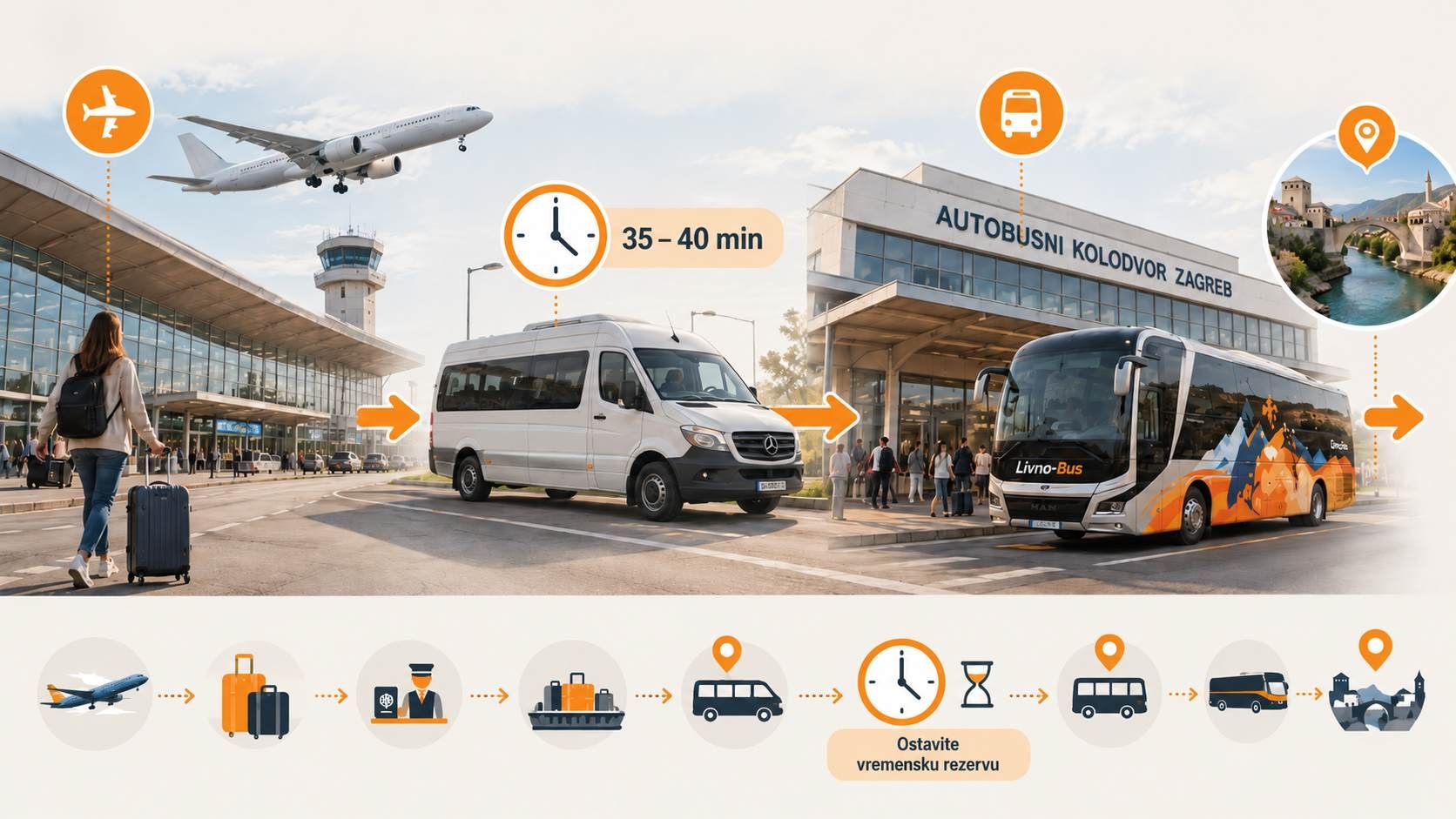 Infografika prikazuje prijevoz od Zračne luke Zagreb do autobusnog kolodvora i nastavak putovanja Livno Busom do Mostara.