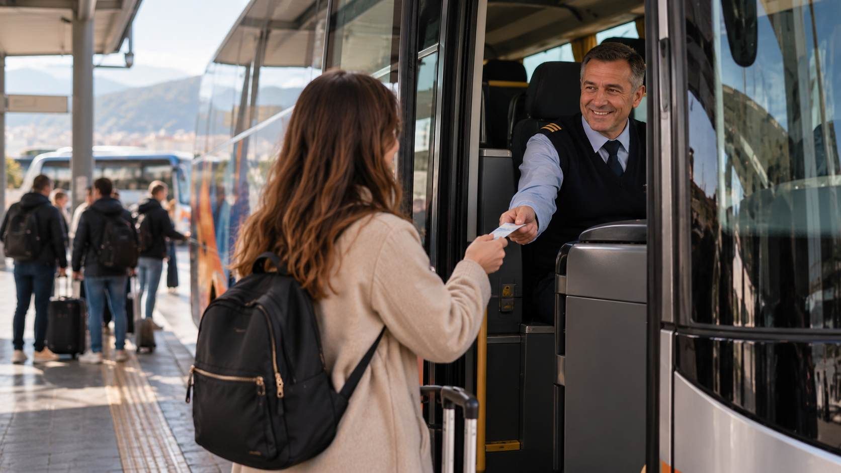 Putnica predaje autobusnu kartu vozaču prilikom ukrcaja na kolodvoru.