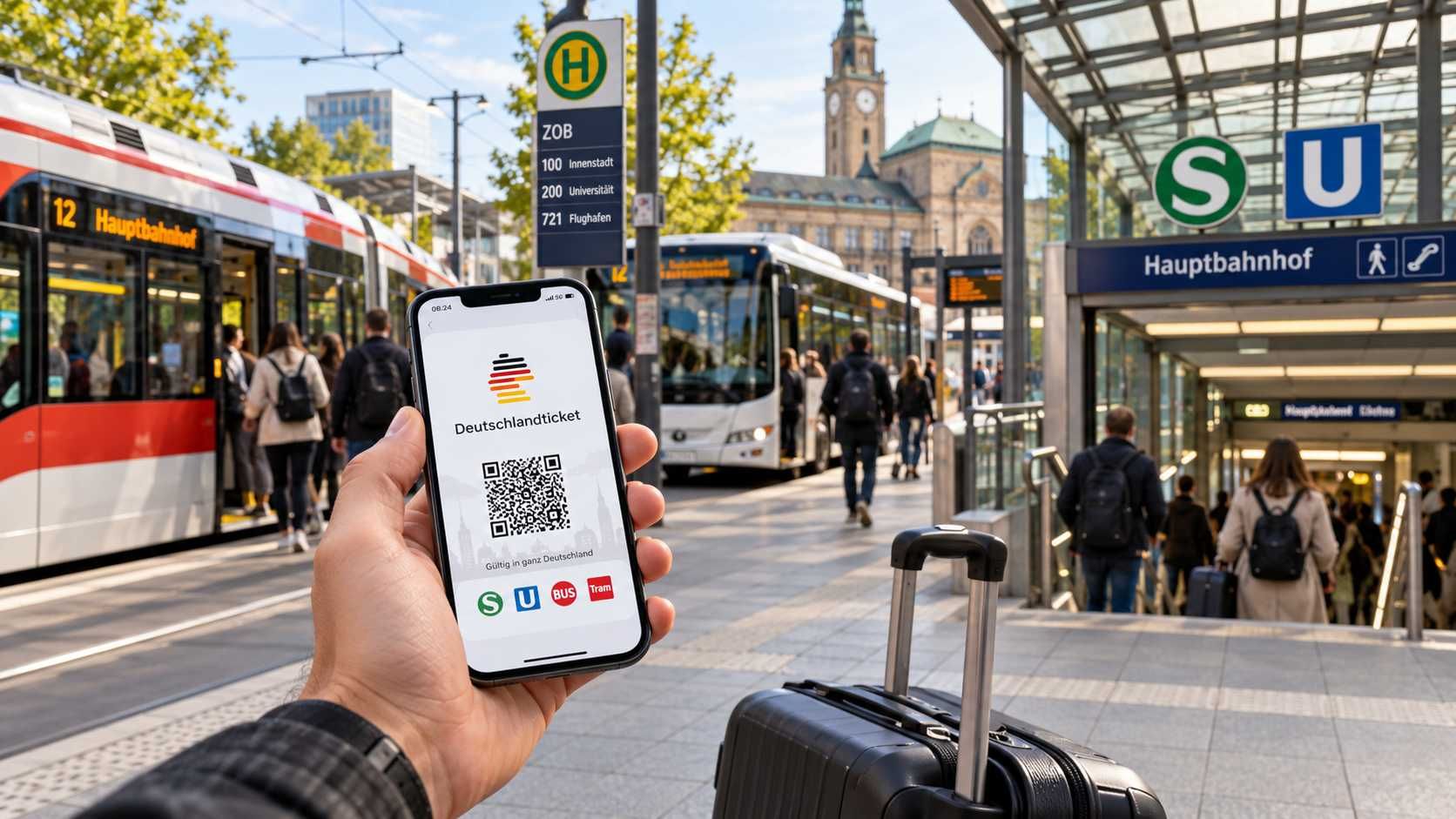 Putnik drži Deutschlandticket u blizini S-Bahn, U-Bahn, autobusnih i tramvajskih linija.