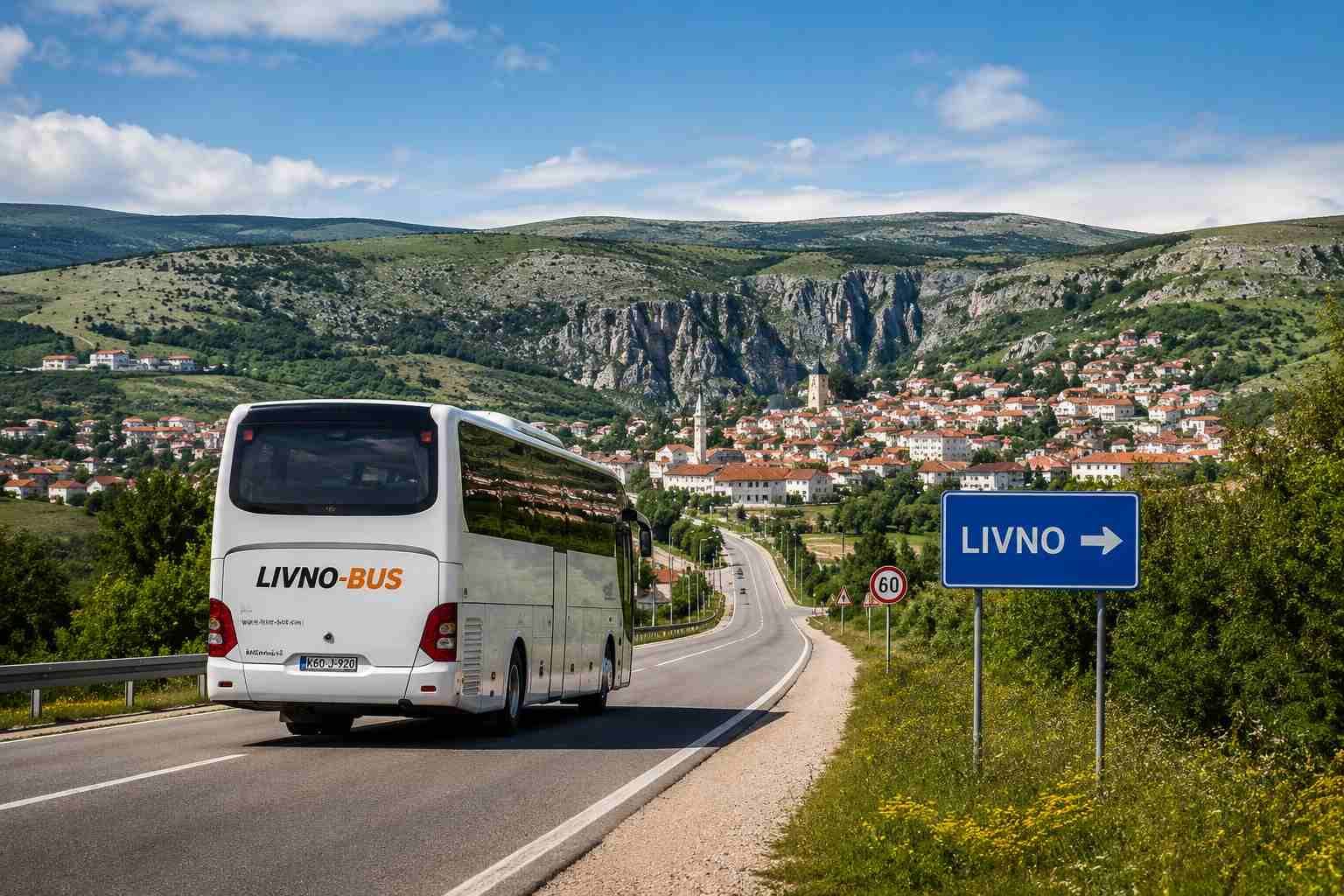 Livno-Bus autobus vozi cestom prema gradu Livnu.