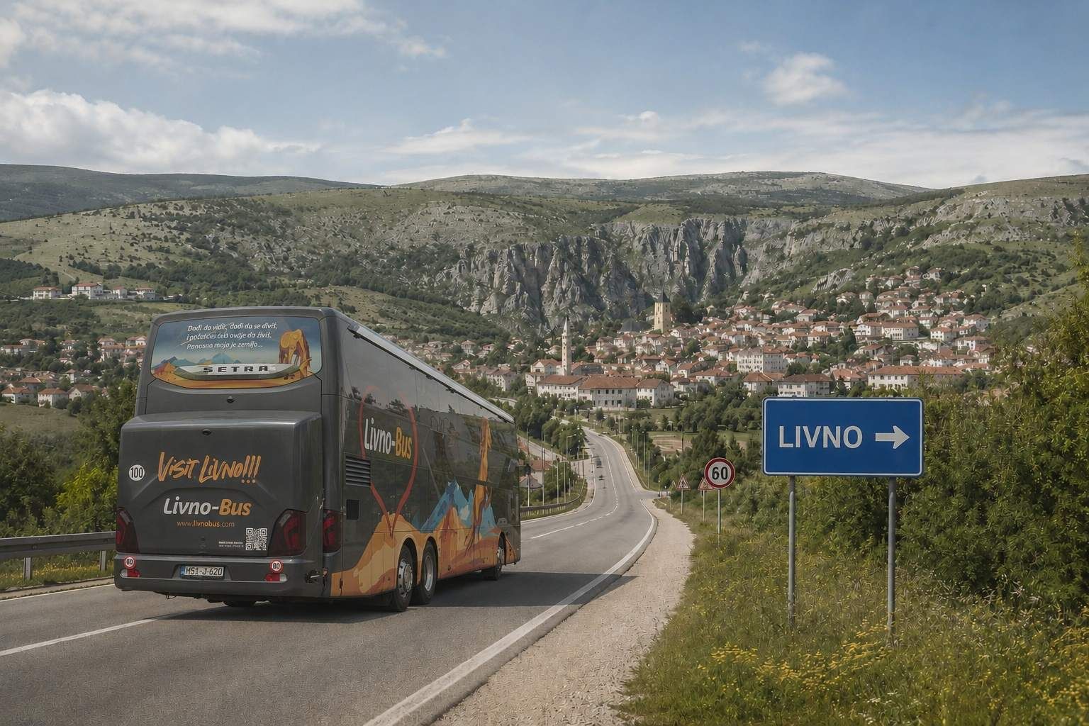 Livno-Bus autobus vozi cestom prema gradu Livnu.