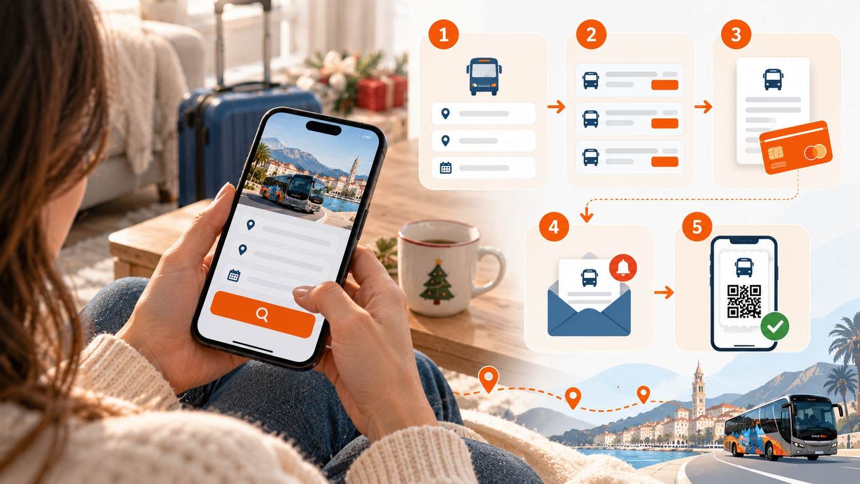 Ilustracija prikazuje online kupnju autobusne karte putem mobitela, od odabira polaska do potvrde rezervacije.