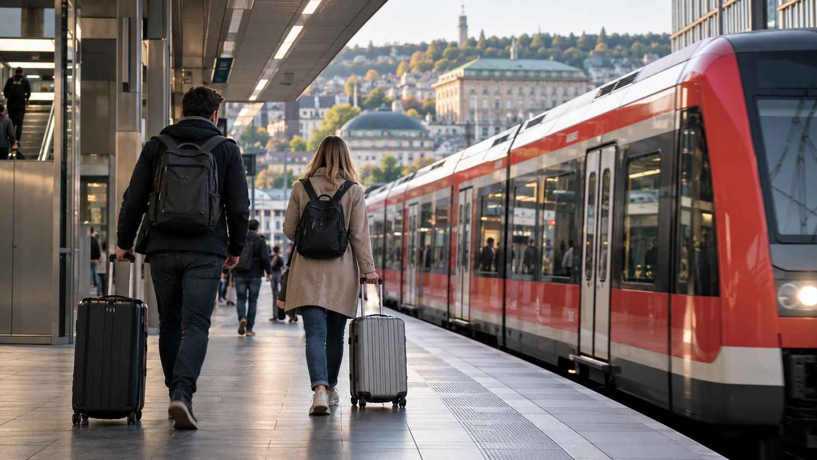 Putnici s koferima uz S-Bahn vlak u Stuttgartu na povratku iz centra grada prema autobusnom terminalu.