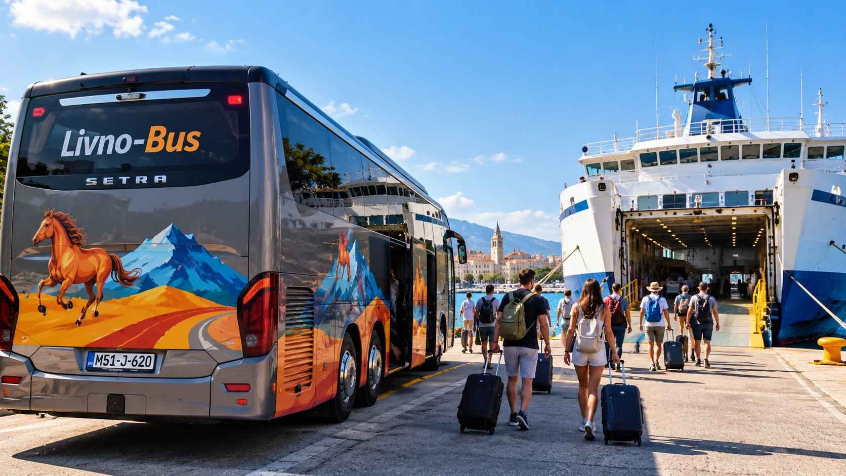 Autobus Livno-Bus uz trajekt u Splitu, s putnicima koji nose kofere prema brodu.