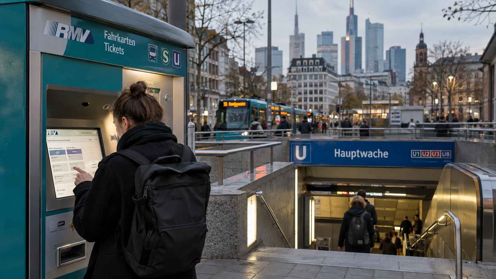 Putnica kupuje kartu za gradski prijevoz u Frankfurtu na RMV automatu pokraj stanice Hauptwache.