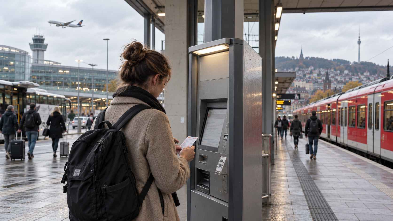 Kupnja karte za S-Bahn na automatu u Stuttgartu, uz vlak i putnike na stanici.