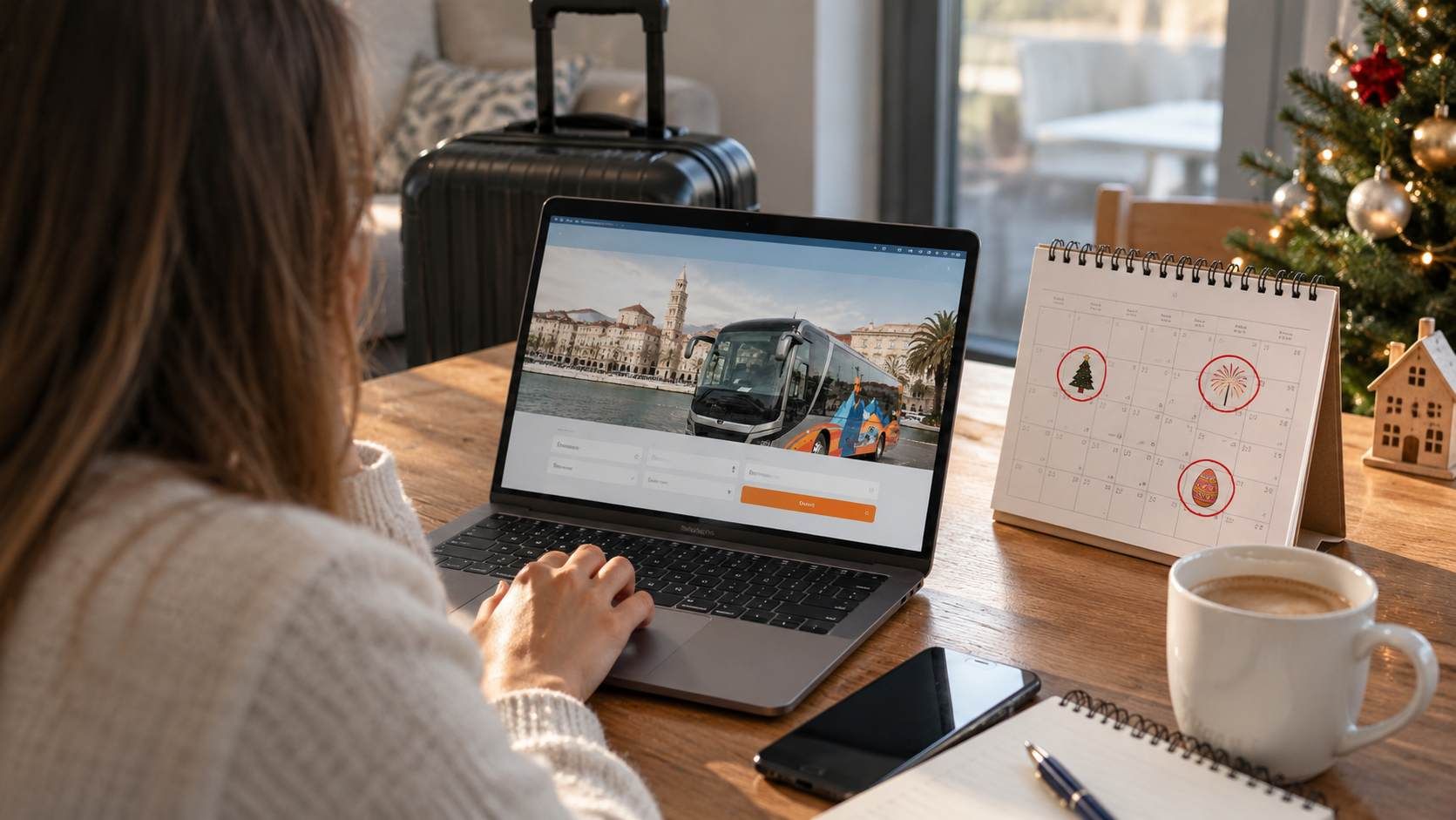 Planiranje blagdanskog putovanja autobusom uz online rezervaciju i kalendar.