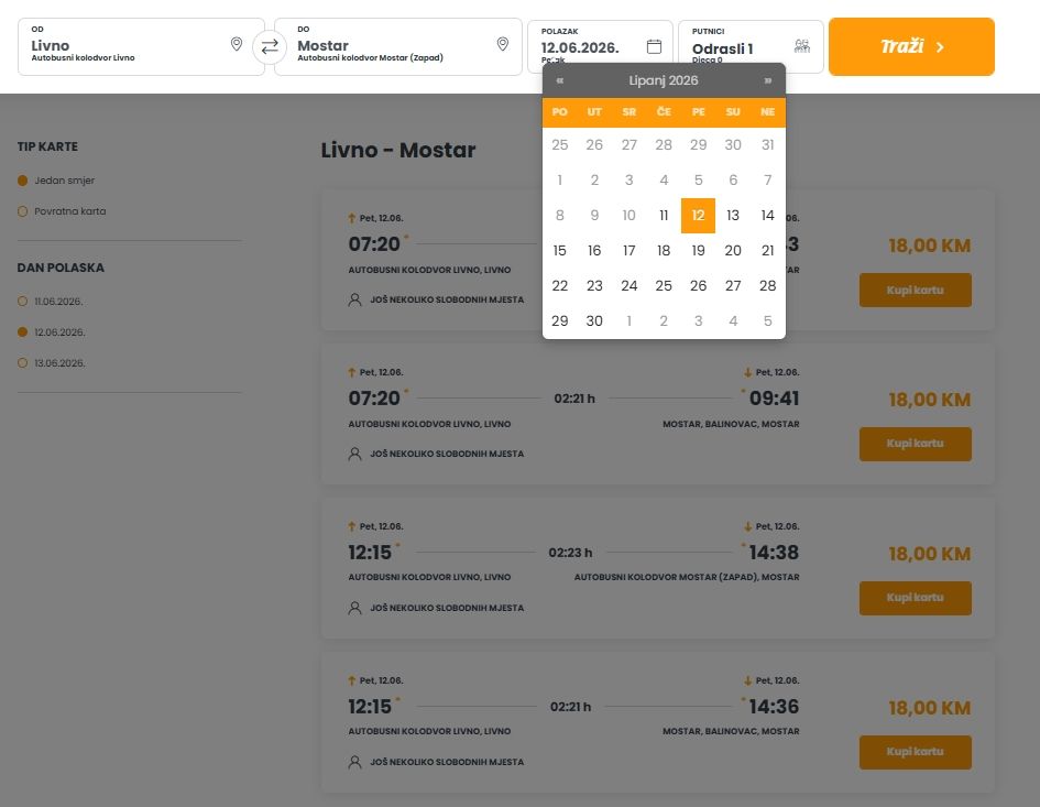 Prikaz tražilice i reda vožnje na Livno-Bus web stranici za online kupovinu autobusnih karata