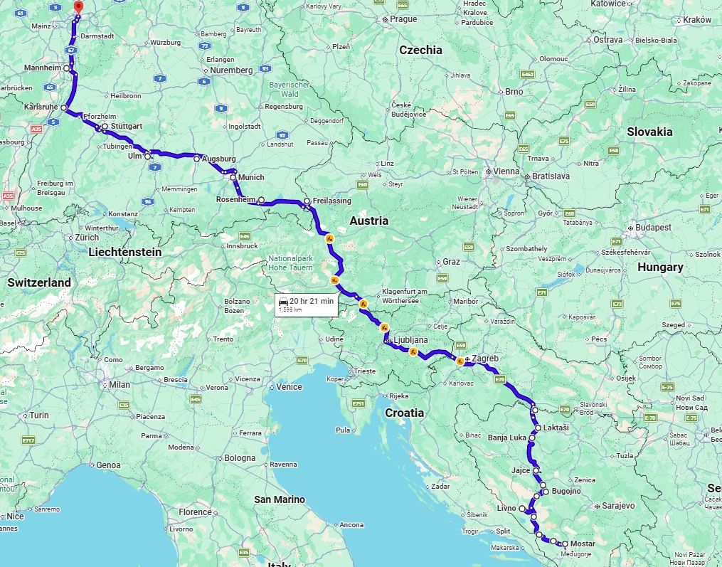 Karta autobusne rute od Mostara do Frankfurta kroz Hrvatsku, Sloveniju, Austriju i Njemačku.