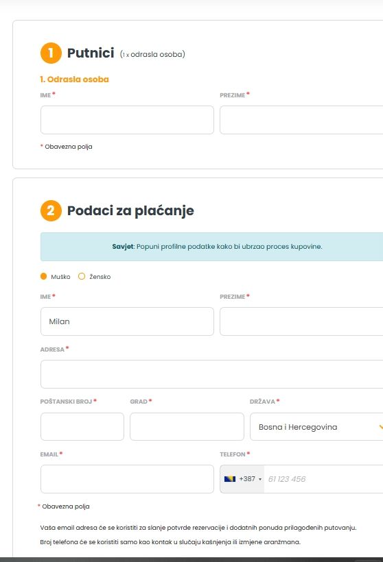 Obrazac za unos podataka putnika i podataka za plaćanje tijekom online kupovine autobusne karte