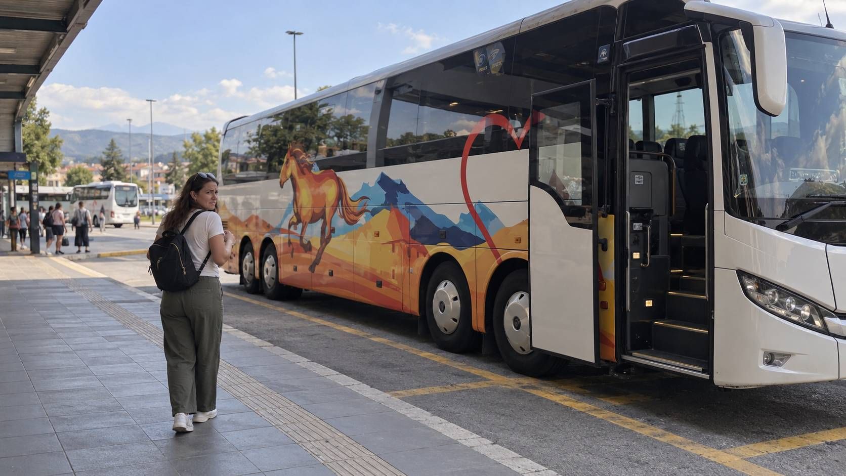 Putnica s crnim ruksakom stoji na autobusnom kolodvoru pokraj autobusa Livno-Busa s otvorenim vratima.
