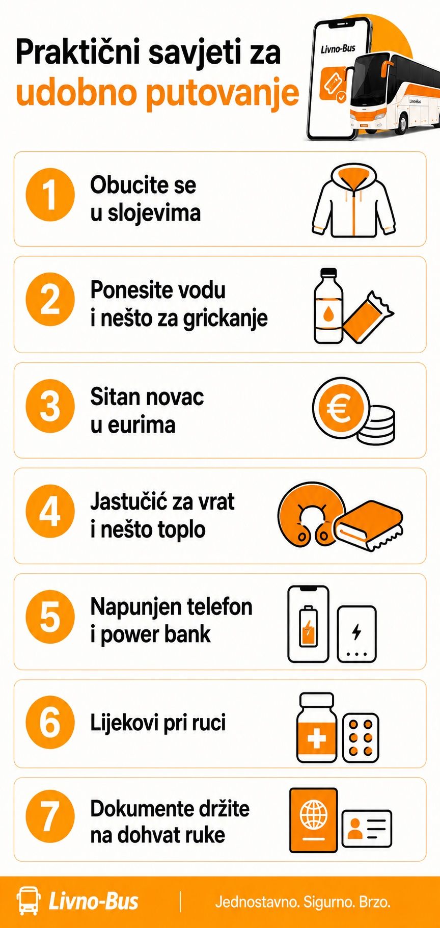 Infografika sa sedam savjeta za udobno putovanje autobusom, uključujući odjeću, vodu, dokumente i lijekove.