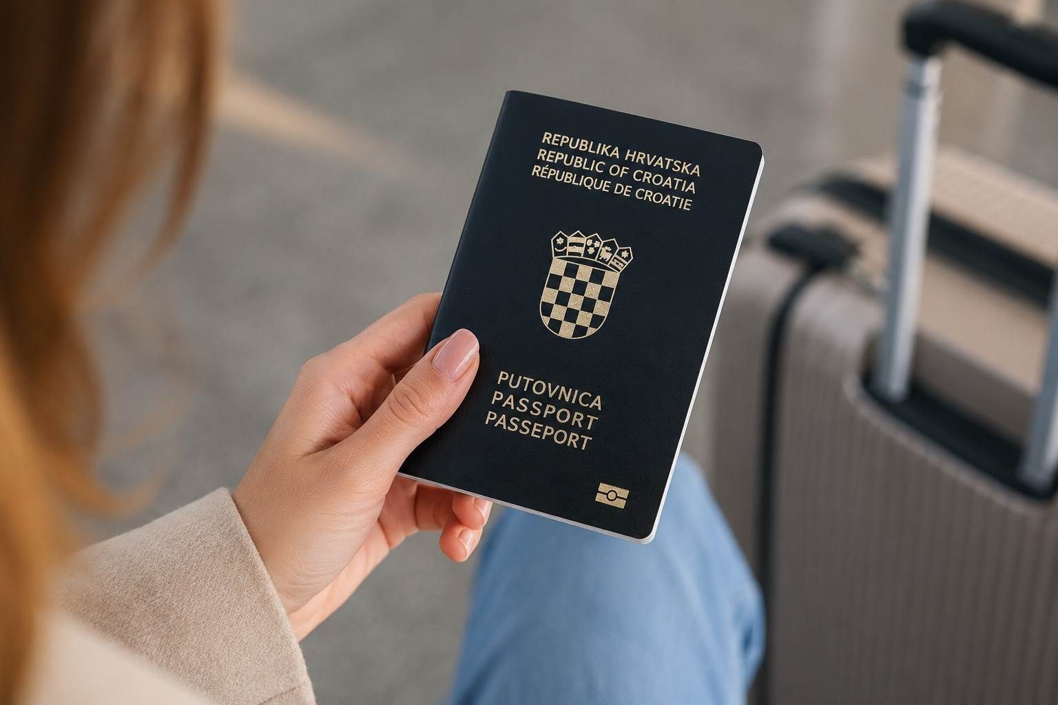 Žena drži hrvatsku putovnicu pored putnog kofera.