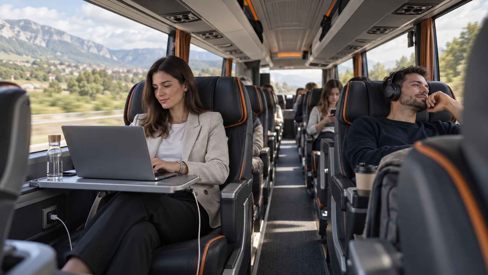 Putnici u modernom autobusu rade na laptopu, slušaju glazbu i odmaraju tijekom putovanja.