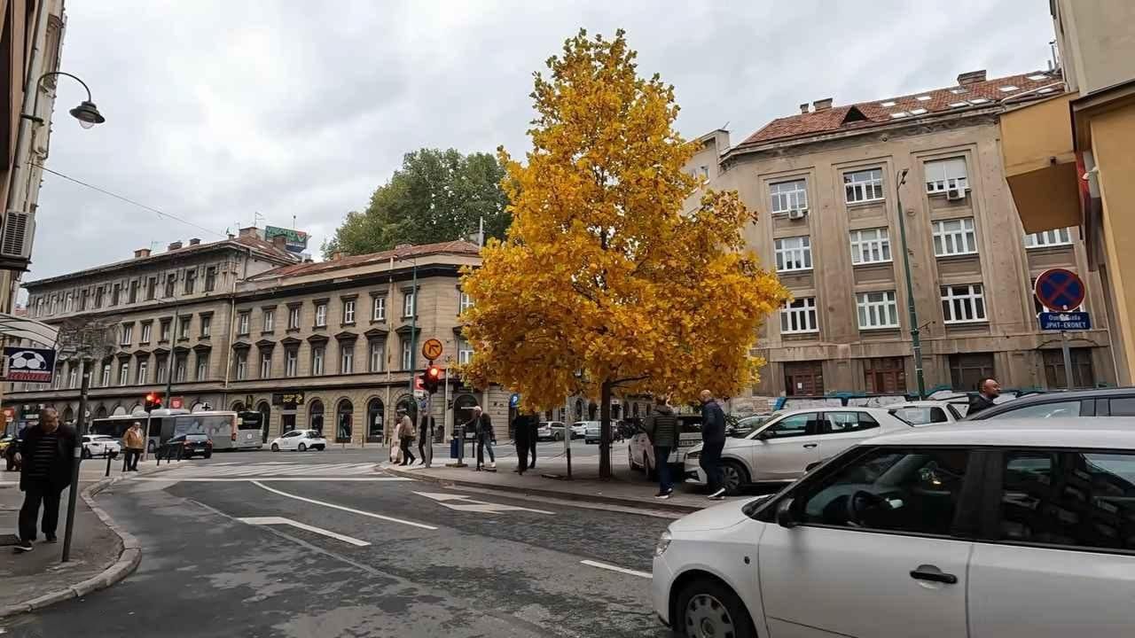 Ulica u središtu Sarajeva s jesenskim drvećem i prolaznicima.