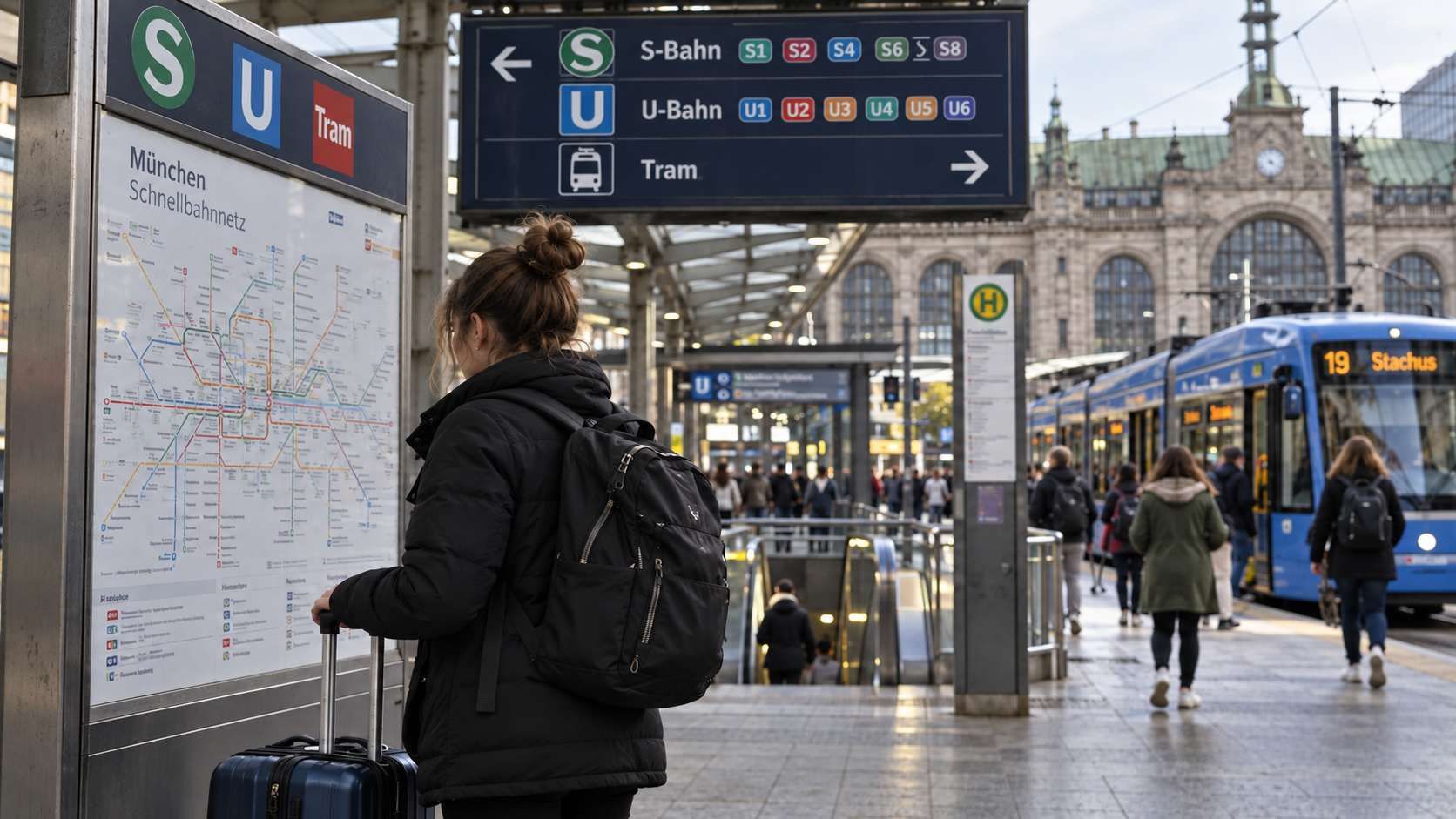 Putnica proučava kartu S-Bahn, U-Bahn i tramvajskih linija u Njemačkoj.
