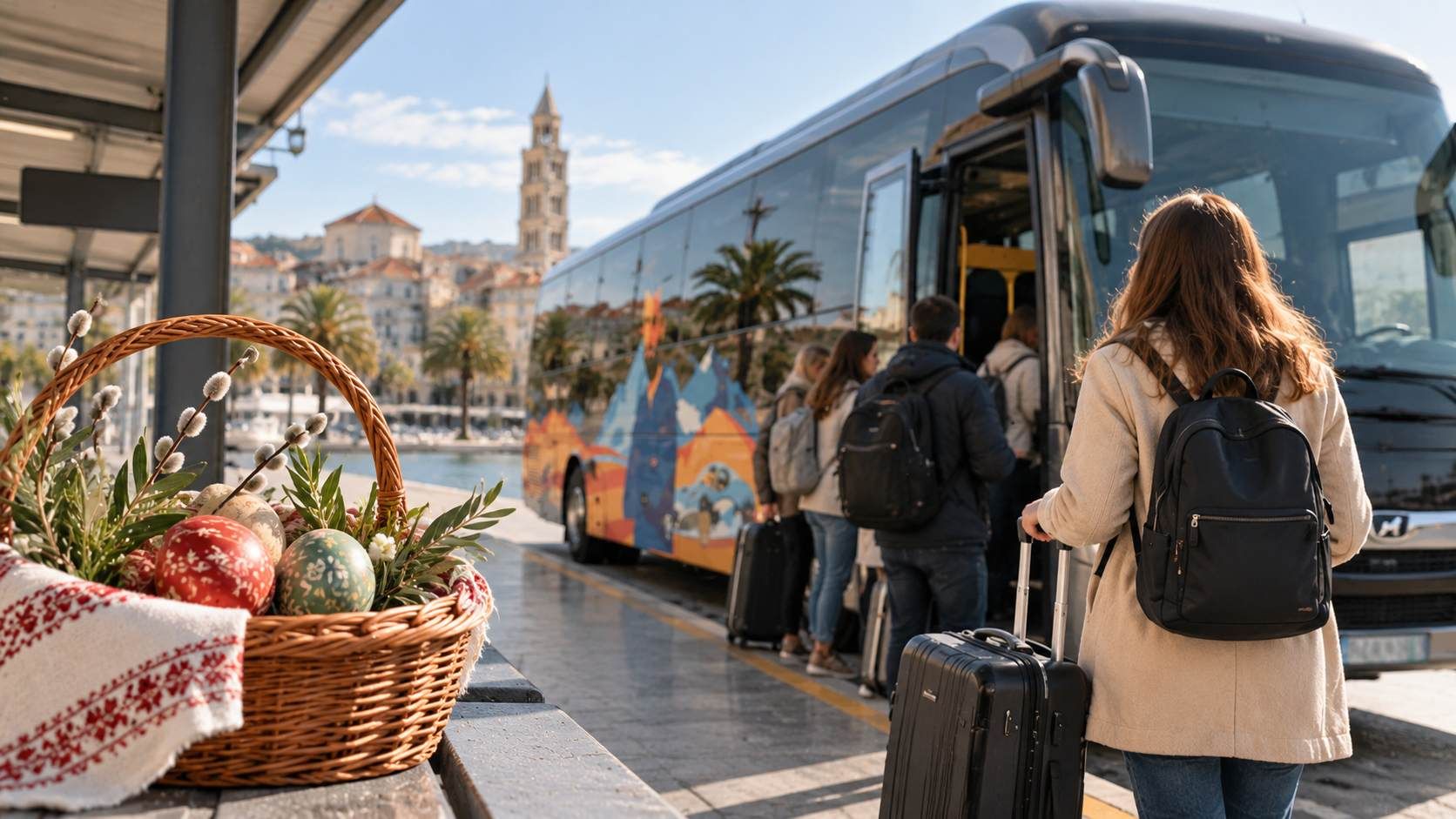 Putnici s prtljagom ukrcavaju se u autobus za uskrsne blagdane, uz košaru s pisanicama.