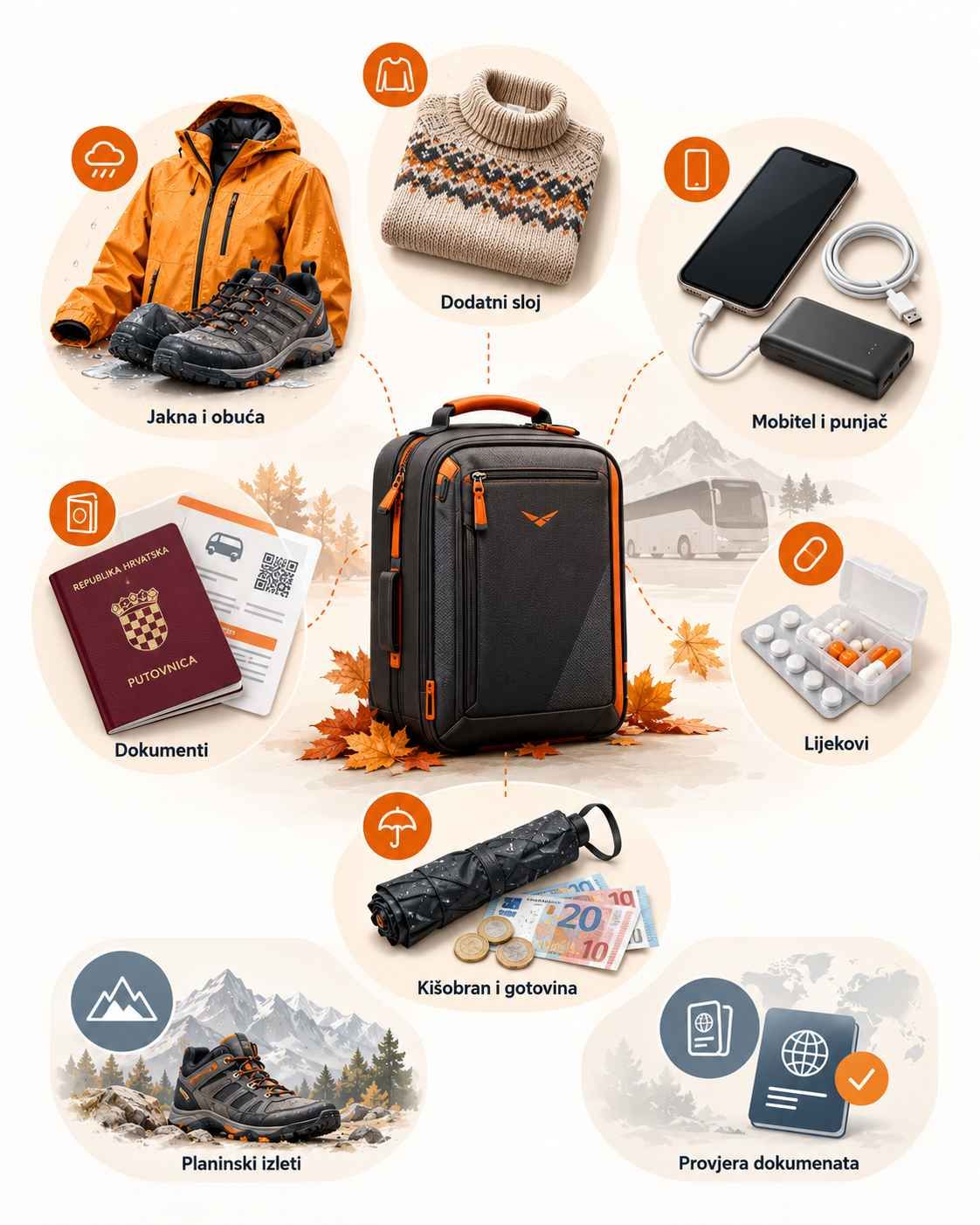 Infografika s osnovnim stvarima za jesensko putovanje autobusom, uključujući jaknu, obuću, dokumente, lijekove i punjač.