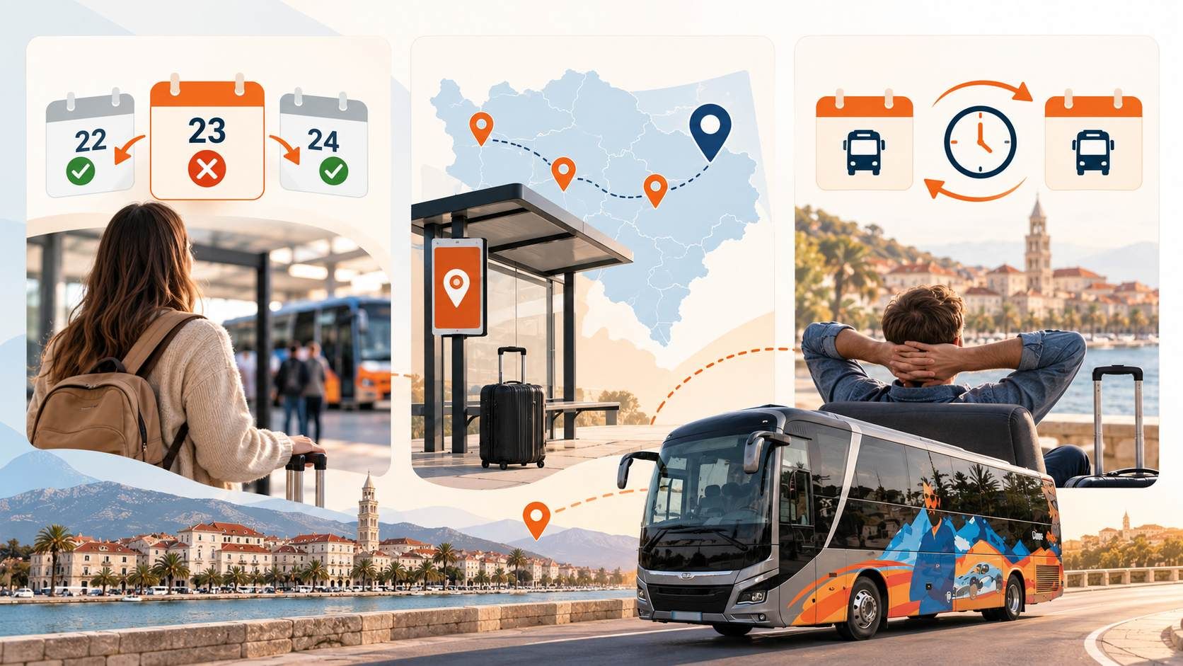 Infografika prikazuje tri mogućnosti kada je autobusni polazak rasprodan: drugi datum, alternativno polazište i promjenu povratka.
