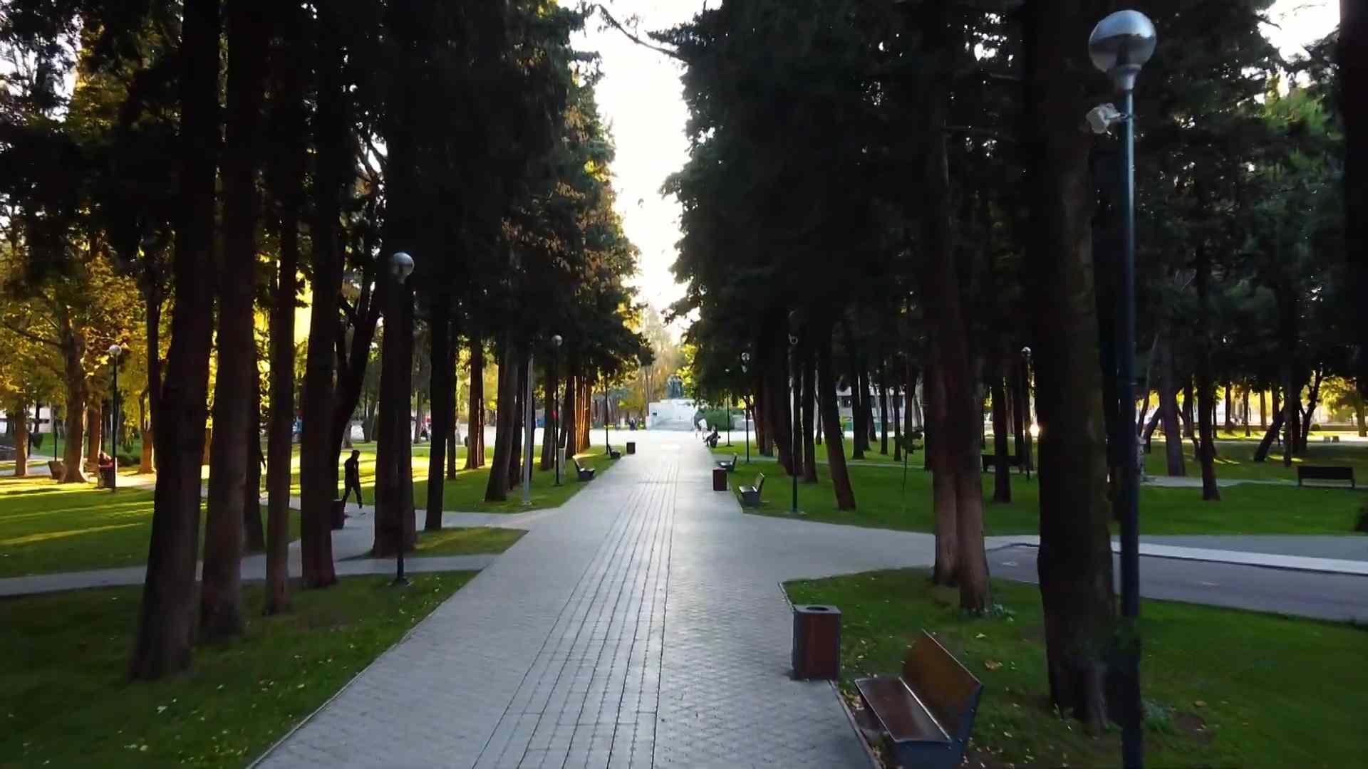 Šetnica kroz zeleni park u Trebinju, okružena visokim stablima i klupama.