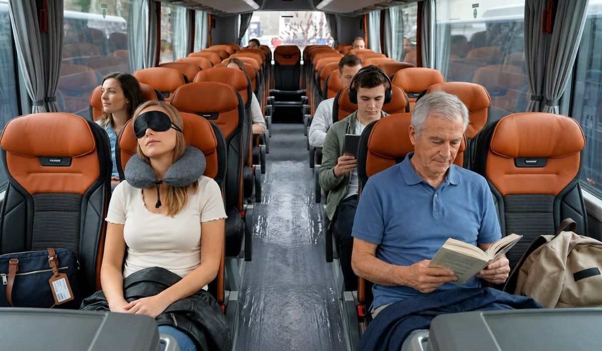Putnici se odmaraju i čitaju tijekom vožnje u modernom autobusu